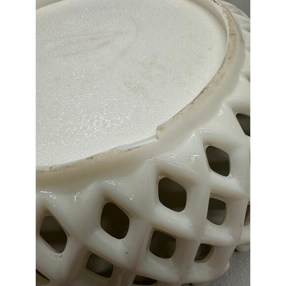 Vtg. Milk Glass Painted Floral Bowl Basket weave Lattice Fruit Compote Open Lace - Picture 7 of 13